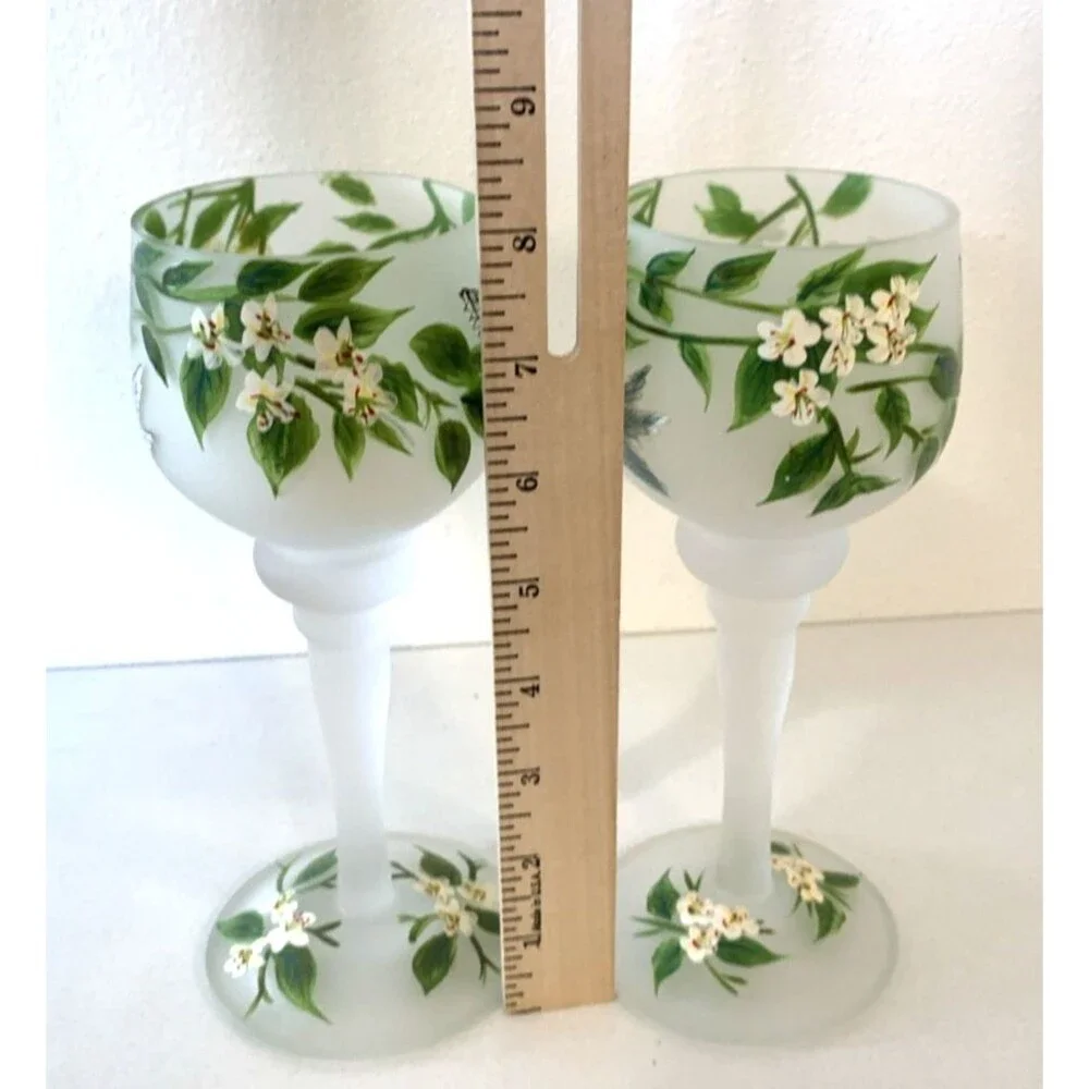 Two Frosted Hand Painted Floral Hummingbird Wine Glasses/Candle Holder 12oz 8